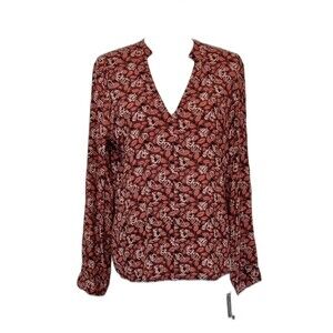 NWT TREASURE & BOND Women Size S Long Sleeve Red Rust Floral Blouse Career Boho